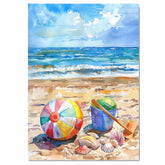 Watercolor Beach Scene with Colorful Ball Blue Bucket Shells and Shovel on Sandy Shore with Ocean Waves and Bright Sky on Ready to Hang 1.5" Thick Canvas Wrap, Floating Framed Canvas, Flat Rolled Canvas